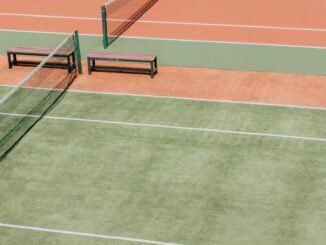 empty green and orange tennis fields