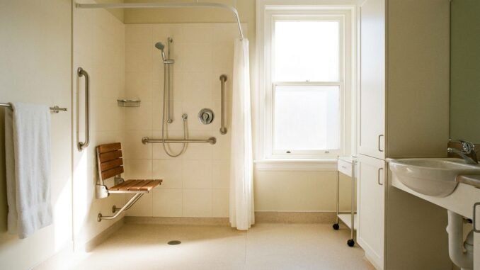 Salle de bain accessible senior, douche de plain-pied avec barre d'appui et siège, carrelage clair, lumineuse
