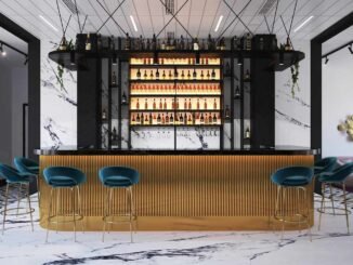 Bar avec tabourets, bouteilles, éclairage, plantes, murs, sol, plafond