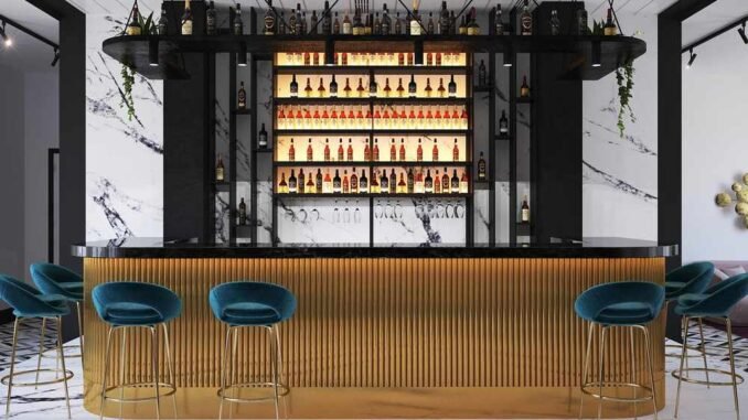 Bar avec tabourets, bouteilles, éclairage, plantes, murs, sol, plafond